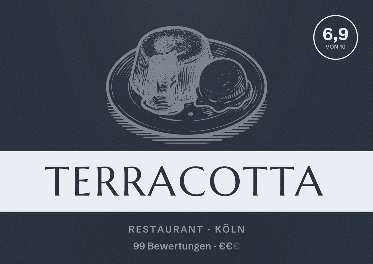 Illustriertes Poster von Terracotta, Restaurant in Köln: Bewertung 6,9 von 10 aus 99 Bewertungen, Preisniveau €€