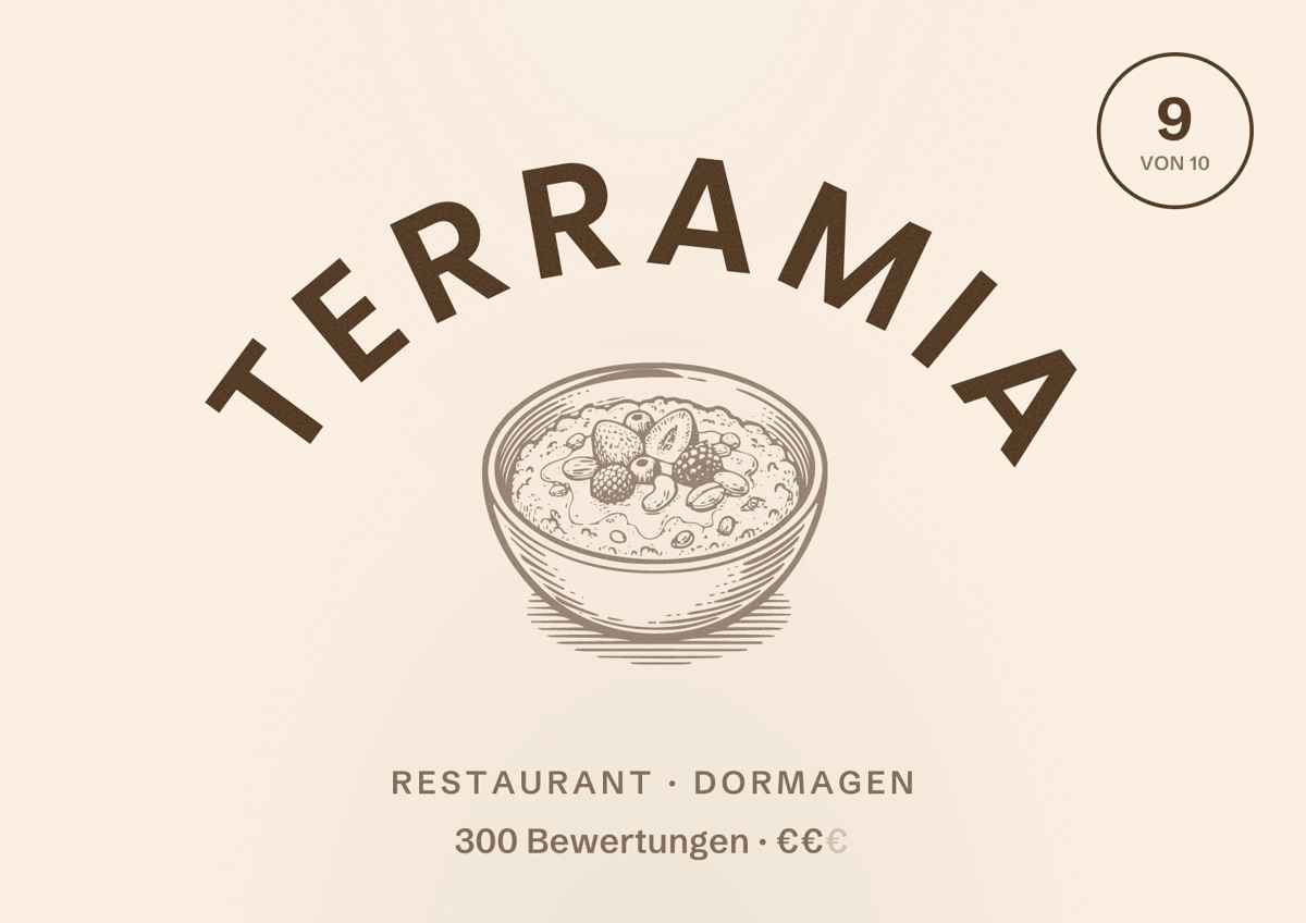Illustriertes Poster von TerraMia, Restaurant in Dormagen: Bewertung 9 von 10 aus 300 Bewertungen, Preisniveau €€