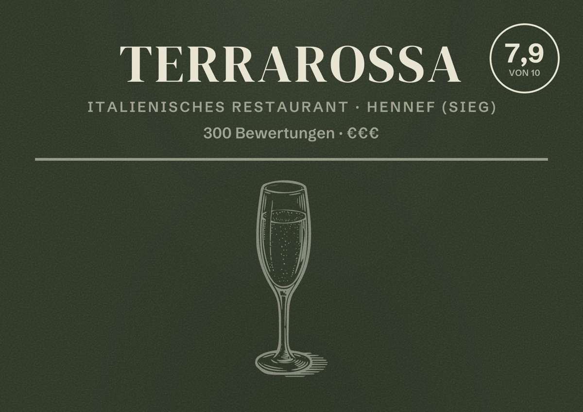 Illustriertes Poster von Terrarossa, Italienisches Restaurant in Hennef (Sieg): Bewertung 7,9 von 10 aus 300 Bewertungen, Preisniveau €€€