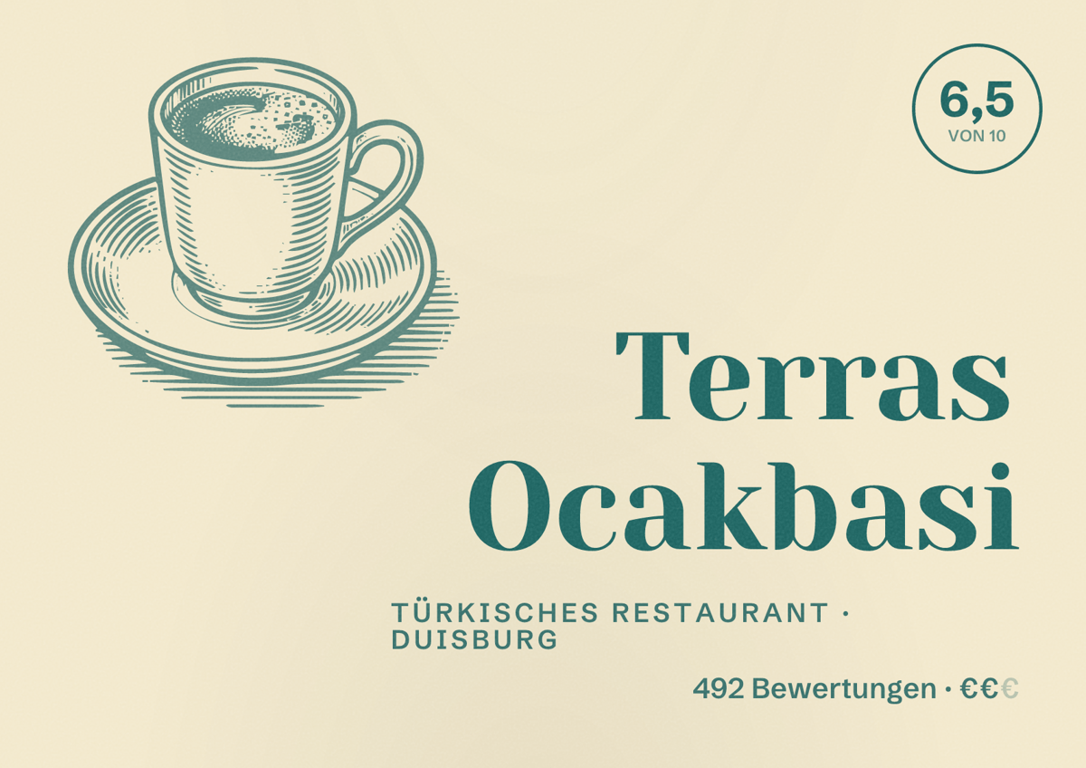 Illustriertes Poster von Terras Ocakbasi, Türkisches Restaurant in Duisburg: Bewertung 6,5 von 10 aus 492 Bewertungen, Preisniveau €€