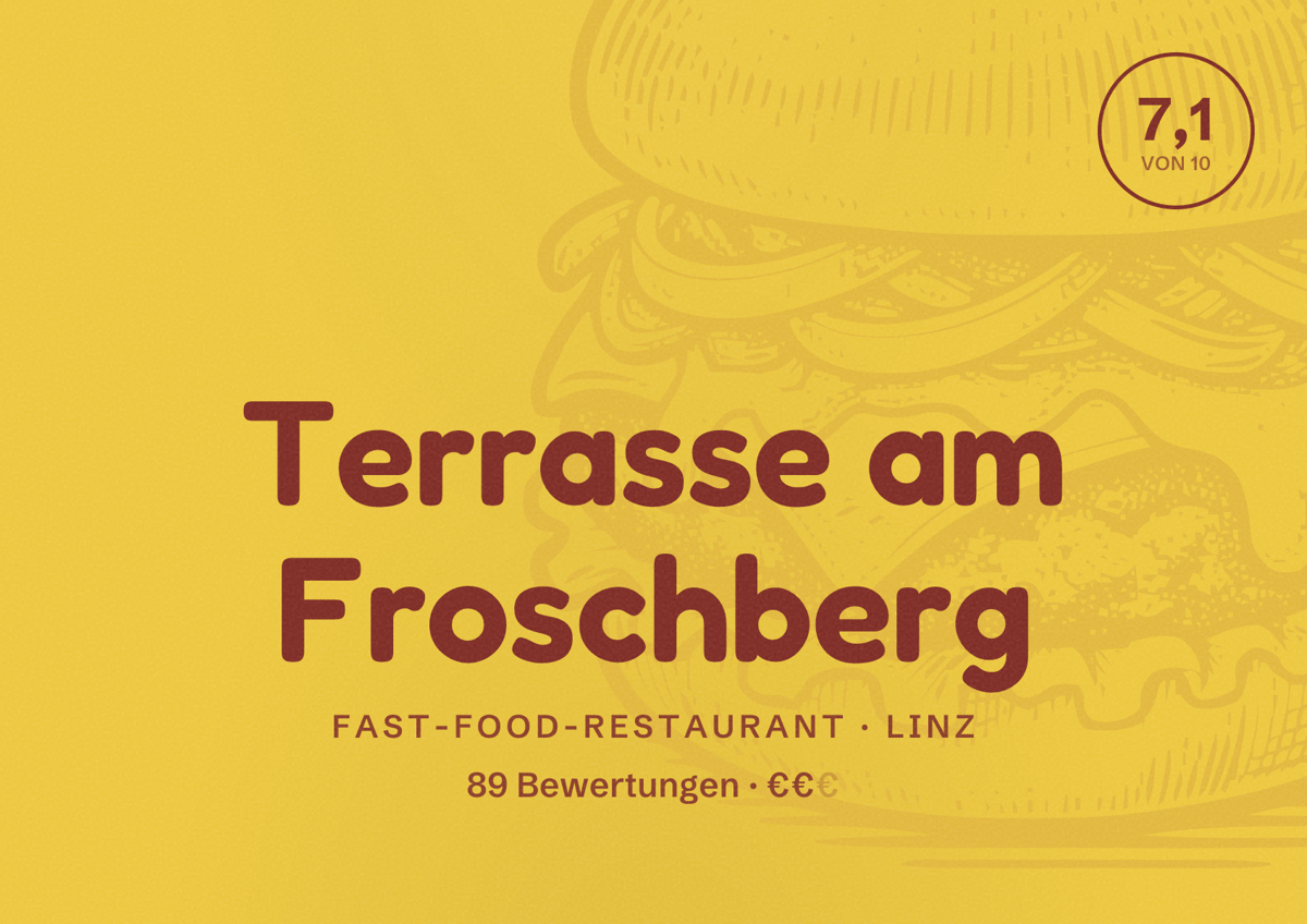 Illustriertes Poster von Terrasse am Froschberg, Fast-Food-Restaurant in Linz: Bewertung 7,1 von 10 aus 89 Bewertungen, Preisniveau €€