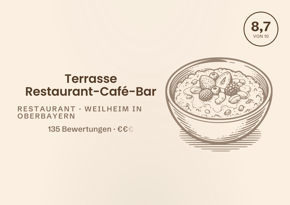 Illustriertes Poster von Terrasse Restaurant-Café-Bar, Restaurant in Weilheim in Oberbayern: Bewertung 8,7 von 10 aus 135 Bewertungen, Preisniveau €€