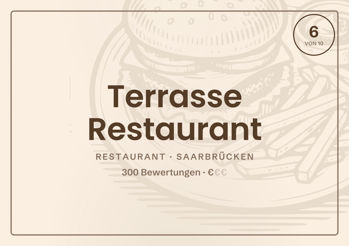 Illustriertes Poster von Terrasse Restaurant, Restaurant in Saarbrücken: Bewertung 6,0 von 10 aus 300 Bewertungen, Preisniveau €