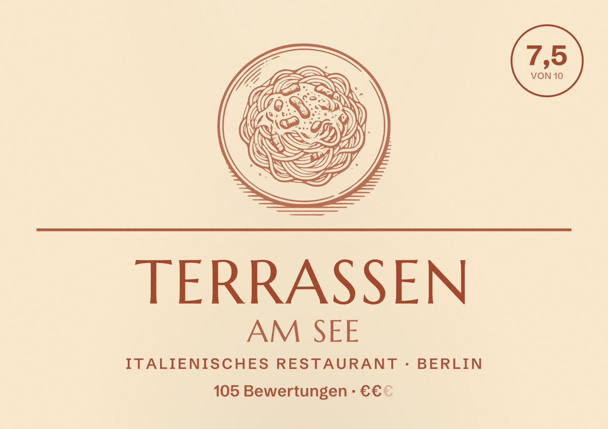 Illustriertes Poster von Terrassen am See, Italienisches Restaurant in Berlin: Bewertung 7,5 von 10 aus 105 Bewertungen, Preisniveau €€