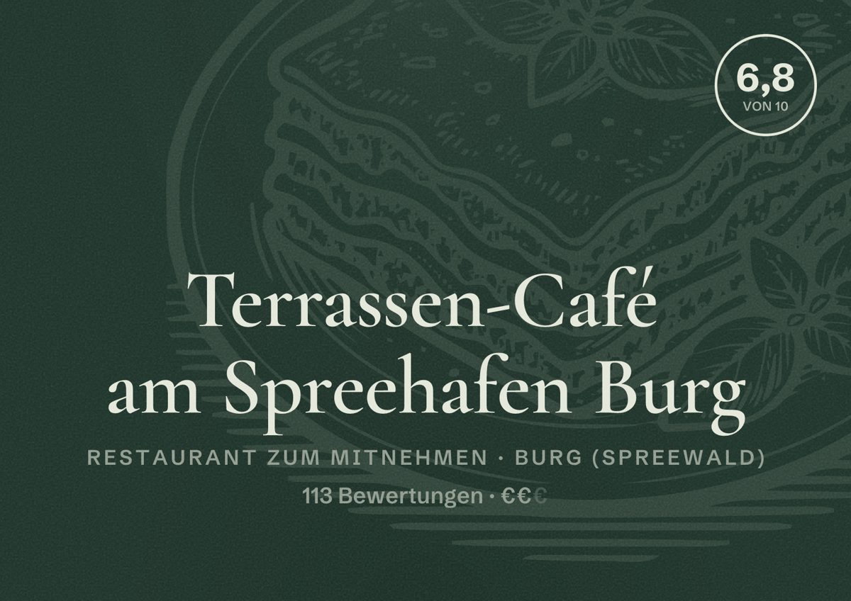 Illustriertes Poster von Terrassen-Café am Spreehafen Burg, Restaurant zum Mitnehmen in Burg (Spreewald): Bewertung 6,8 von 10 aus 113 Bewertungen, Preisniveau €€