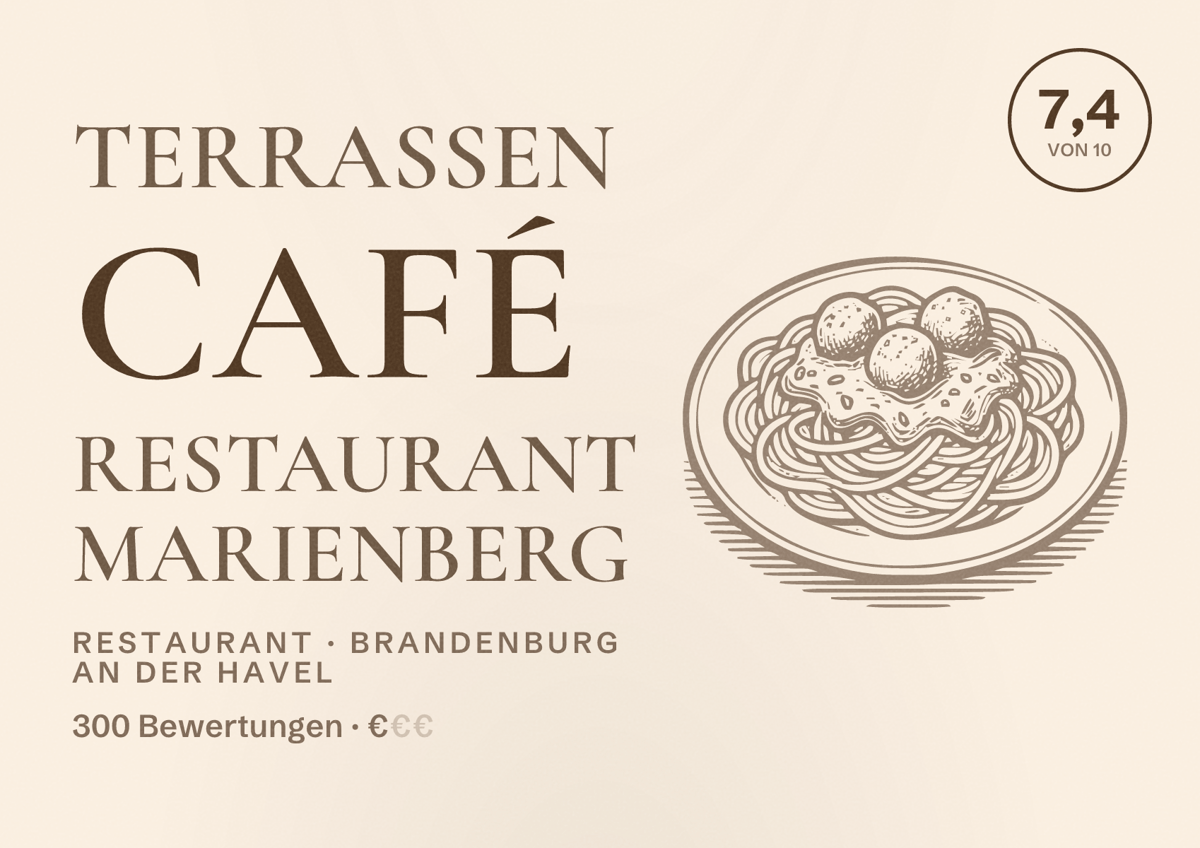 Illustriertes Poster von Terrassen Café Restaurant Marienberg, Restaurant in Brandenburg an der Havel: Bewertung 7,4 von 10 aus 300 Bewertungen, Preisniveau €