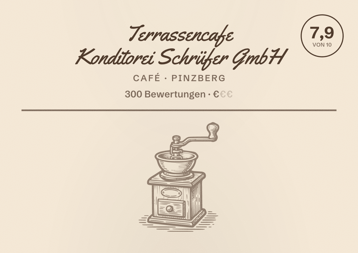 Illustriertes Poster von Terrassencafe Konditorei Schrüfer GmbH, Café in Pinzberg: Bewertung 7,9 von 10 aus 300 Bewertungen, Preisniveau €