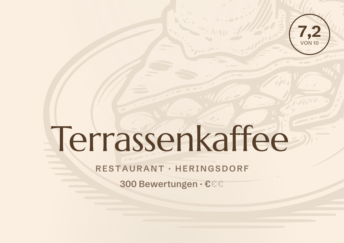 Illustriertes Poster von Terrassenkaffee, Restaurant in Heringsdorf: Bewertung 7,2 von 10 aus 300 Bewertungen, Preisniveau €