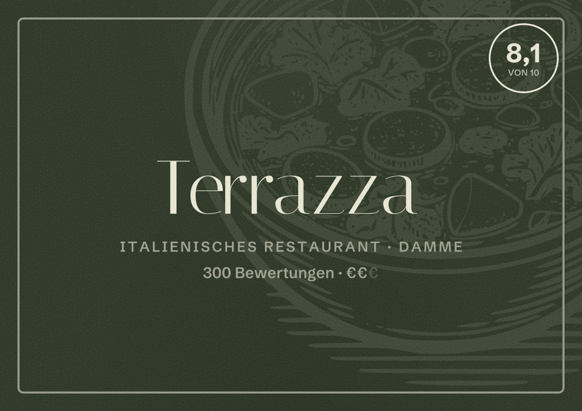 Illustriertes Poster von Terrazza, Italienisches Restaurant in Damme: Bewertung 8,1 von 10 aus 300 Bewertungen, Preisniveau €€