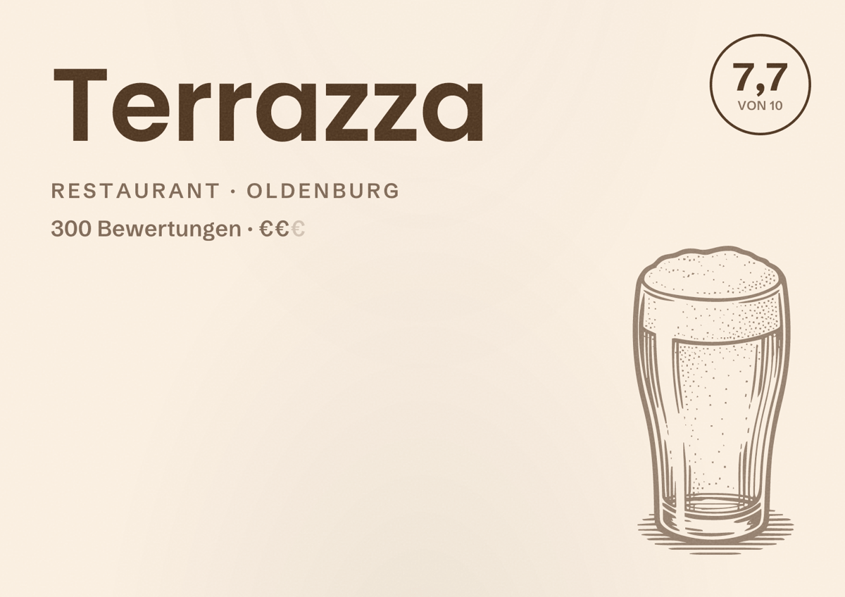Illustriertes Poster von Terrazza, Restaurant in Oldenburg: Bewertung 7,7 von 10 aus 300 Bewertungen, Preisniveau €€