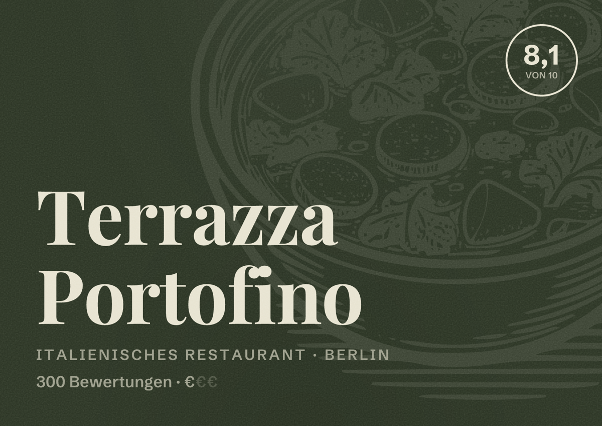 Illustriertes Poster von Terrazza Portofino, Italienisches Restaurant in Berlin: Bewertung 8,1 von 10 aus 300 Bewertungen, Preisniveau €