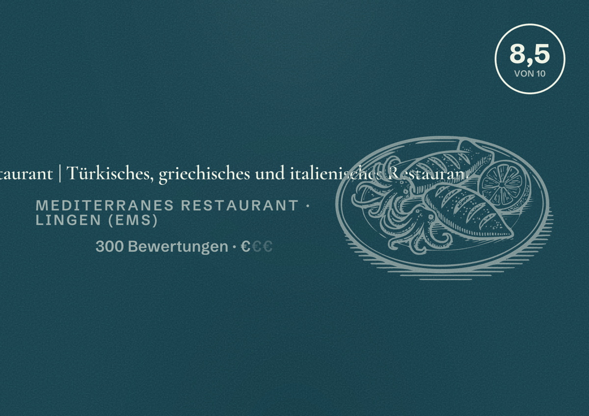Illustriertes Poster von Terrazza Restaurant | Türkisches, griechisches und italienisches Restaurant, Mediterranes Restaurant in Lingen (Ems): Bewertung 8,5 von 10 aus 300 Bewertungen, Preisniveau €