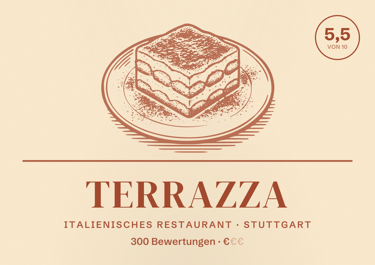 Illustriertes Poster von Terrazza, Italienisches Restaurant in Stuttgart: Bewertung 5,5 von 10 aus 300 Bewertungen, Preisniveau €
