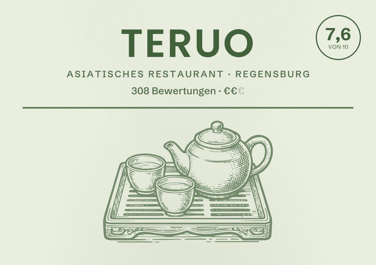 Illustriertes Poster von Teruo, Asiatisches Restaurant in Regensburg: Gästebewertung 7,6 von 10 aus 308 Bewertungen