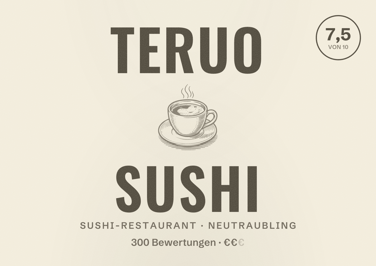 Illustriertes Poster von Teruo Sushi, Sushi-Restaurant in Neutraubling: Bewertung 7,5 von 10 aus 300 Bewertungen, Preisniveau €€