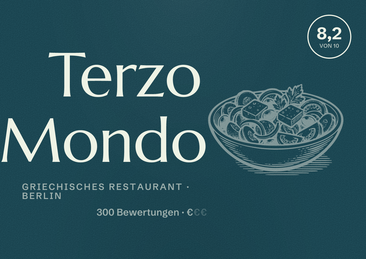 Illustriertes Poster von Terzo Mondo, Griechisches Restaurant in Berlin: Bewertung 8,2 von 10 aus 300 Bewertungen, Preisniveau €
