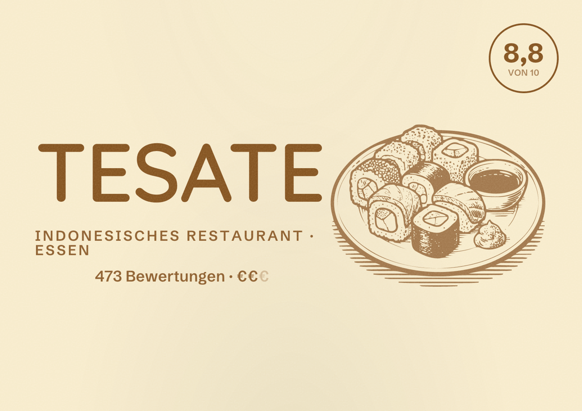 Illustriertes Poster von TESATE, Indonesisches Restaurant in Essen: Bewertung 8,8 von 10 aus 473 Bewertungen, Preisniveau €€