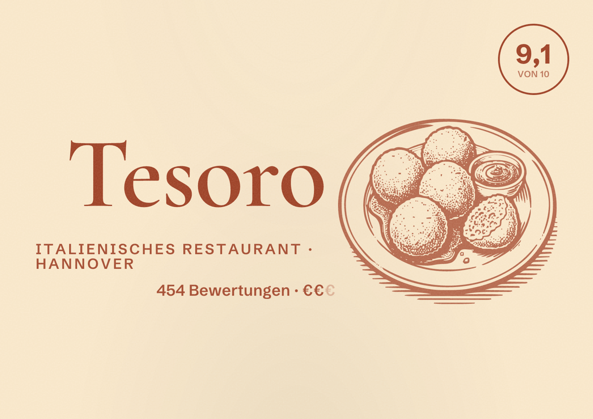 Illustriertes Poster von Tesoro, Italienisches Restaurant in Hannover: Gästebewertung 9,1 von 10 aus 454 Bewertungen