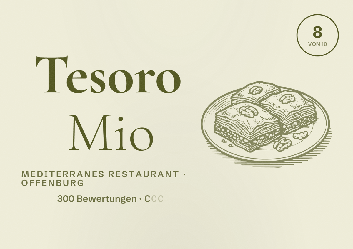 Illustriertes Poster von Tesoro Mio, Mediterranes Restaurant in Offenburg: Bewertung 8 von 10 aus 300 Bewertungen, Preisniveau €