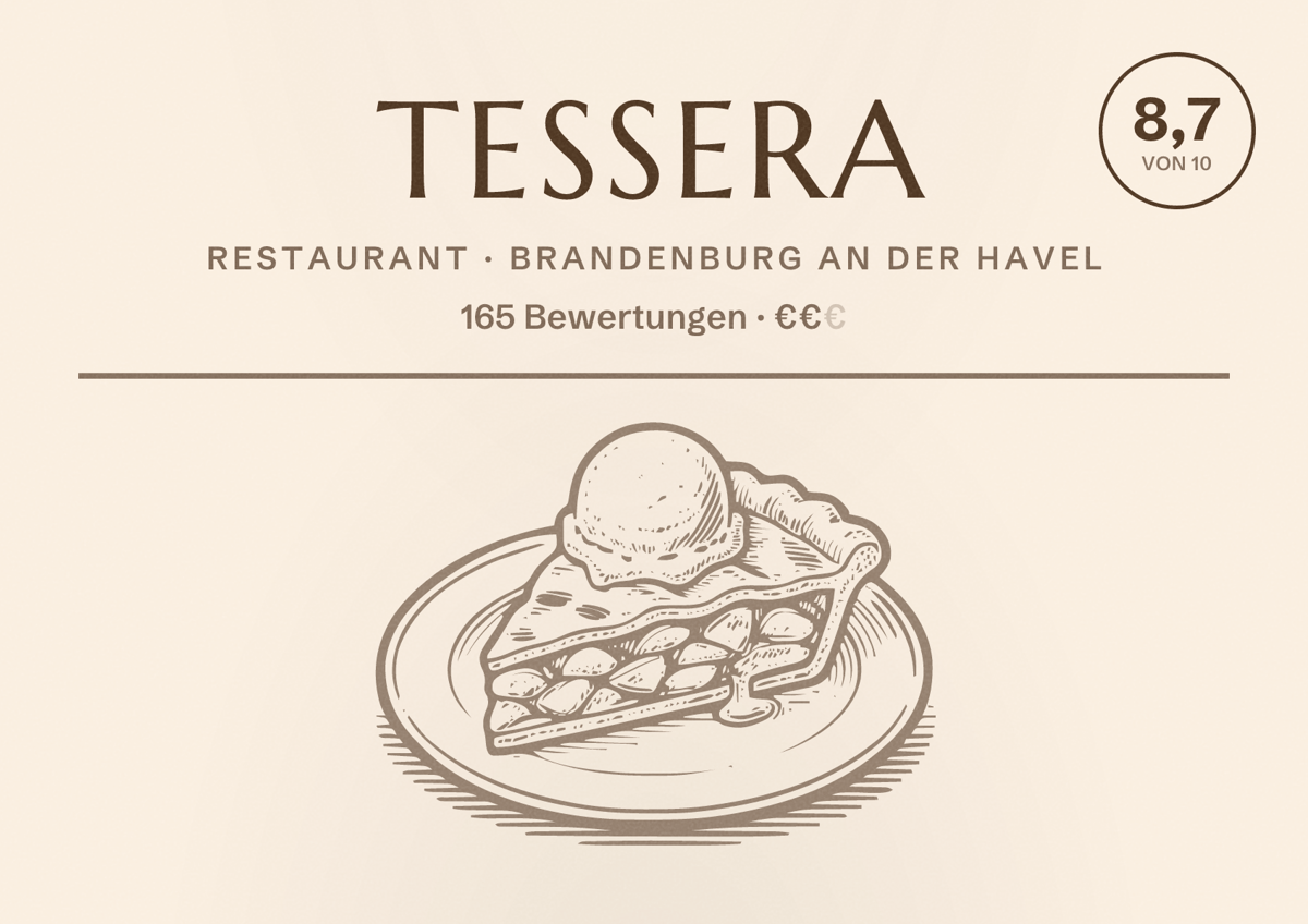 Illustriertes Poster von Tessera, Restaurant in Brandenburg an der Havel: Bewertung 8,7 von 10 aus 165 Bewertungen, Preisniveau €€
