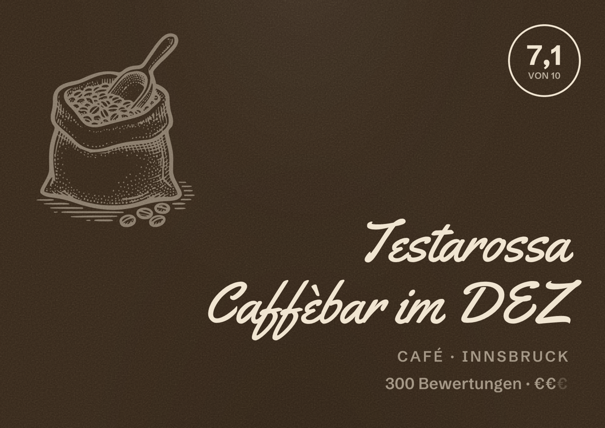 Illustriertes Poster von Testarossa Caffèbar im DEZ, Café in Innsbruck: Bewertung 7,1 von 10 aus 300 Bewertungen, Preisniveau €€
