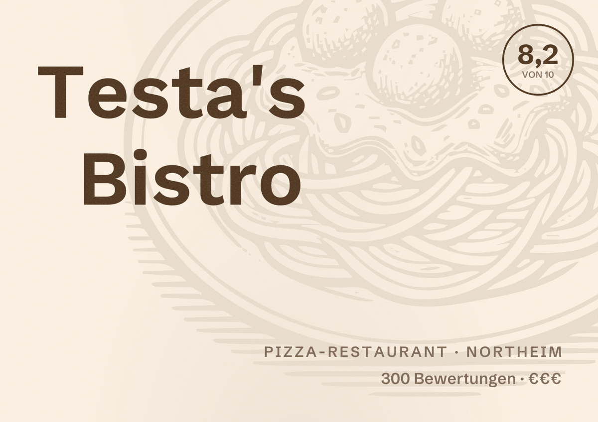 Illustriertes Poster von Testa's Bistro, Pizza-Restaurant in Northeim: Bewertung 8,2 von 10 aus 300 Bewertungen, Preisniveau €€€