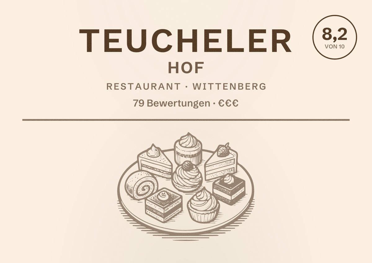 Illustriertes Poster von Teucheler Hof, Restaurant in Wittenberg: Bewertung 8,2 von 10 aus 79 Bewertungen, Preisniveau €€€