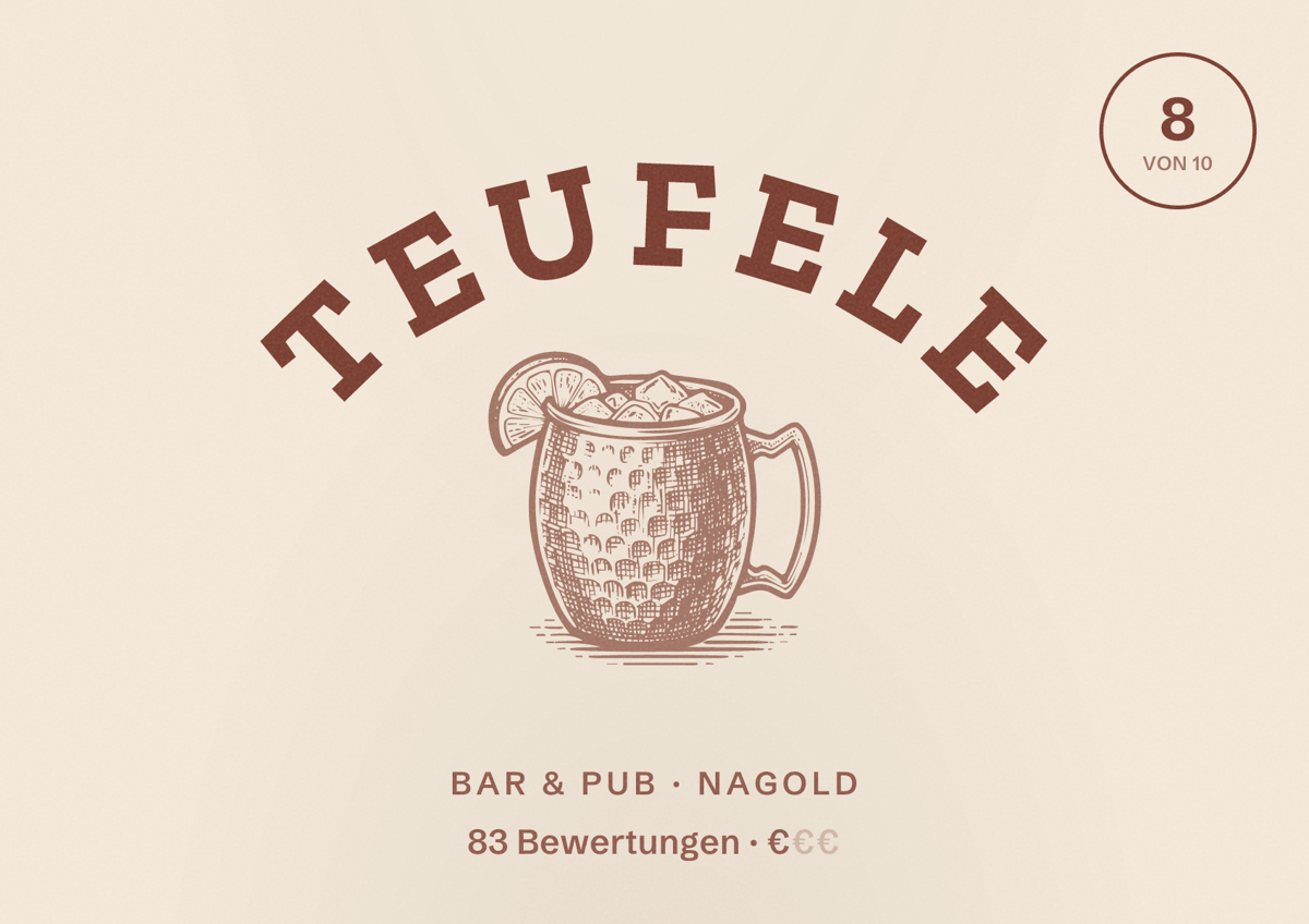 Illustriertes Poster von Teufele, Bar & Pub in Nagold: Bewertung 8 von 10 aus 83 Bewertungen, Preisniveau €