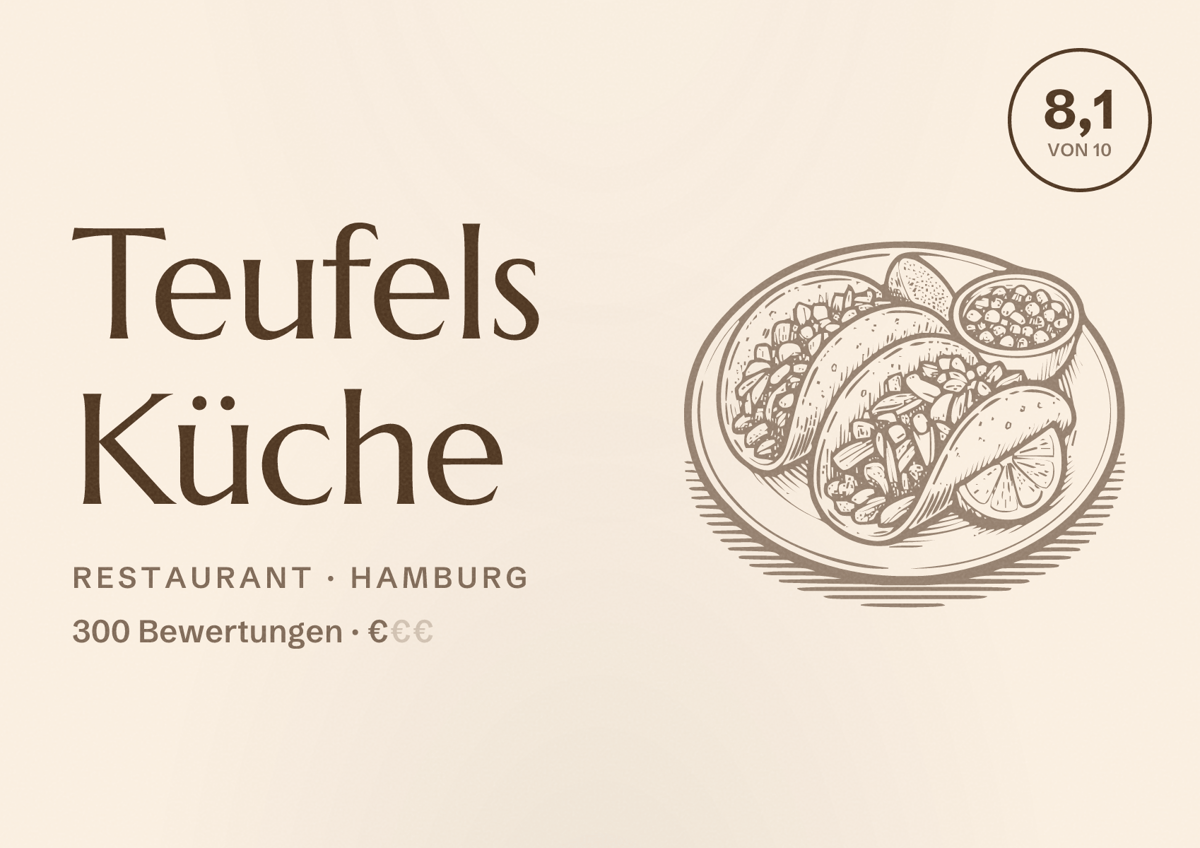 Illustriertes Poster von Teufels Küche, Restaurant in Hamburg: Bewertung 8,1 von 10 aus 300 Bewertungen, Preisniveau €