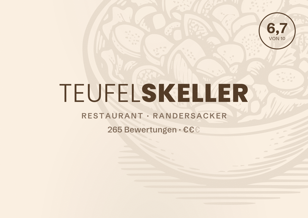 Illustriertes Poster von Teufelskeller, Restaurant in Randersacker: Bewertung 6,7 von 10 aus 265 Bewertungen, Preisniveau €€