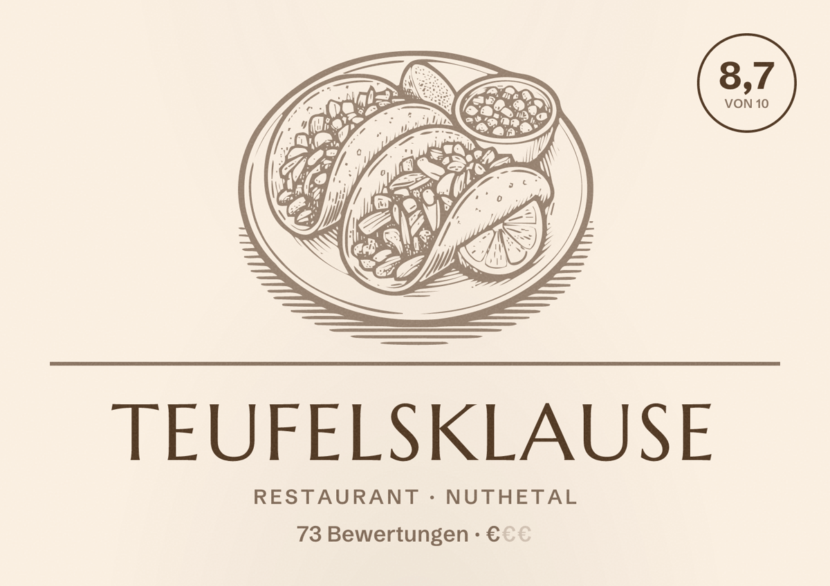 Illustriertes Poster von Teufelsklause, Restaurant in Nuthetal: Bewertung 8,7 von 10 aus 73 Bewertungen, Preisniveau €