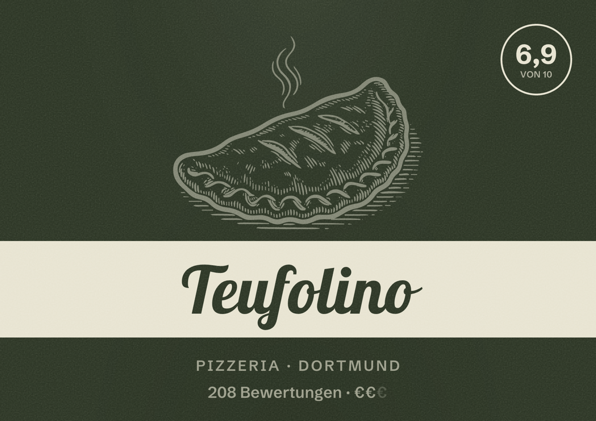 Illustriertes Poster von Teufolino, Pizzeria in Dortmund: Bewertung 6,9 von 10 aus 208 Bewertungen, Preisniveau €€