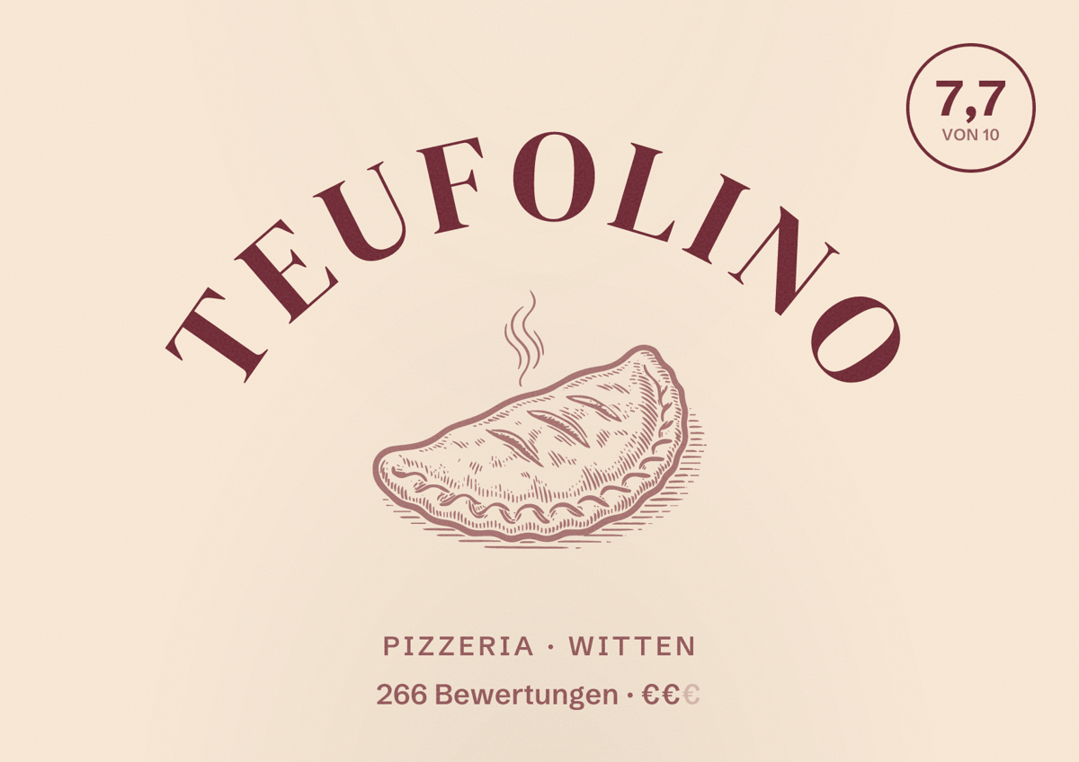 Illustriertes Poster von TEUFOLINO, Pizzeria in Witten: Gästebewertung 7,7 von 10 aus 266 Bewertungen