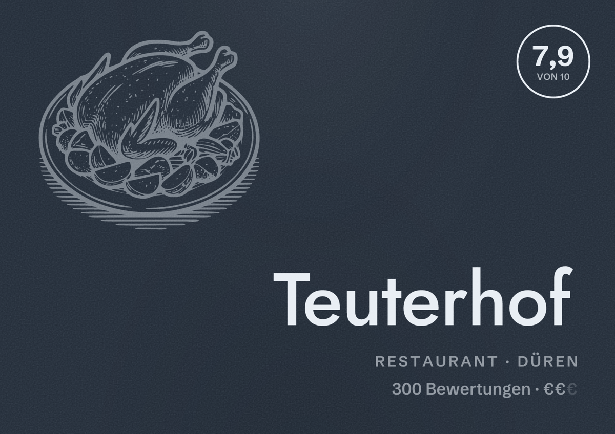 Illustriertes Poster von Teuterhof, Restaurant in Düren: Bewertung 7,9 von 10 aus 300 Bewertungen, Preisniveau €€