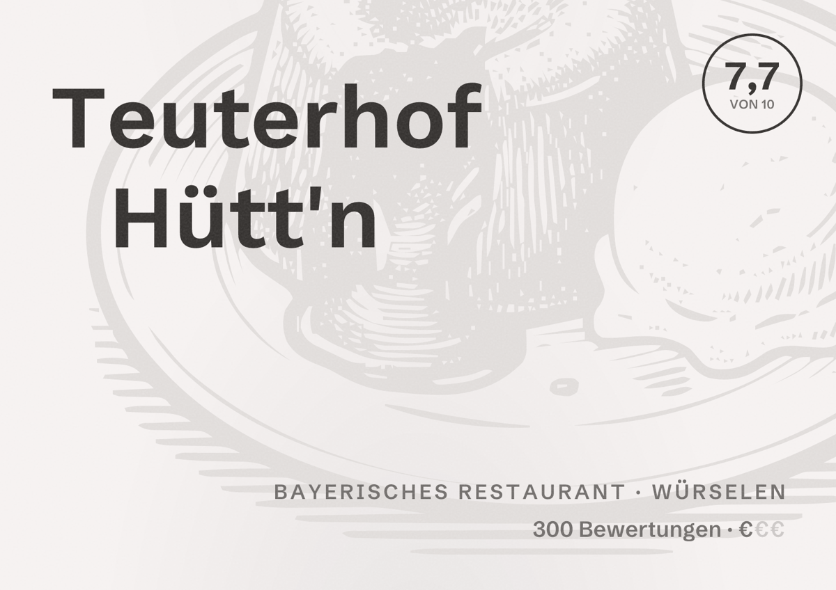 Illustriertes Poster von Teuterhof Hütt'n, Bayerisches Restaurant in Würselen: Bewertung 7,7 von 10 aus 300 Bewertungen, Preisniveau €