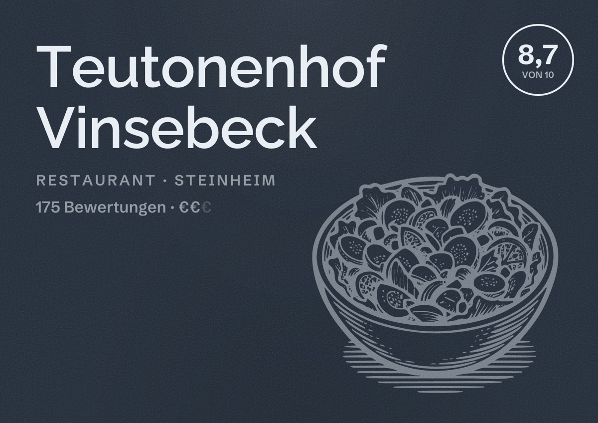 Illustriertes Poster von Teutonenhof Vinsebeck, Restaurant in Steinheim: Bewertung 8,7 von 10 aus 175 Bewertungen, Preisniveau €€