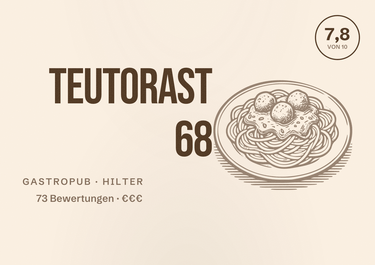 Illustriertes Poster von Teutorast 68, Gastropub in Hilter: Bewertung 7,8 von 10 aus 73 Bewertungen, Preisniveau €€€