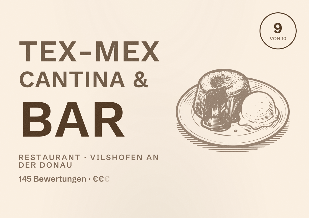 Illustriertes Poster von Tex-Mex Cantina & Bar, Restaurant in Vilshofen an der Donau: Bewertung 9 von 10 aus 145 Bewertungen, Preisniveau €€