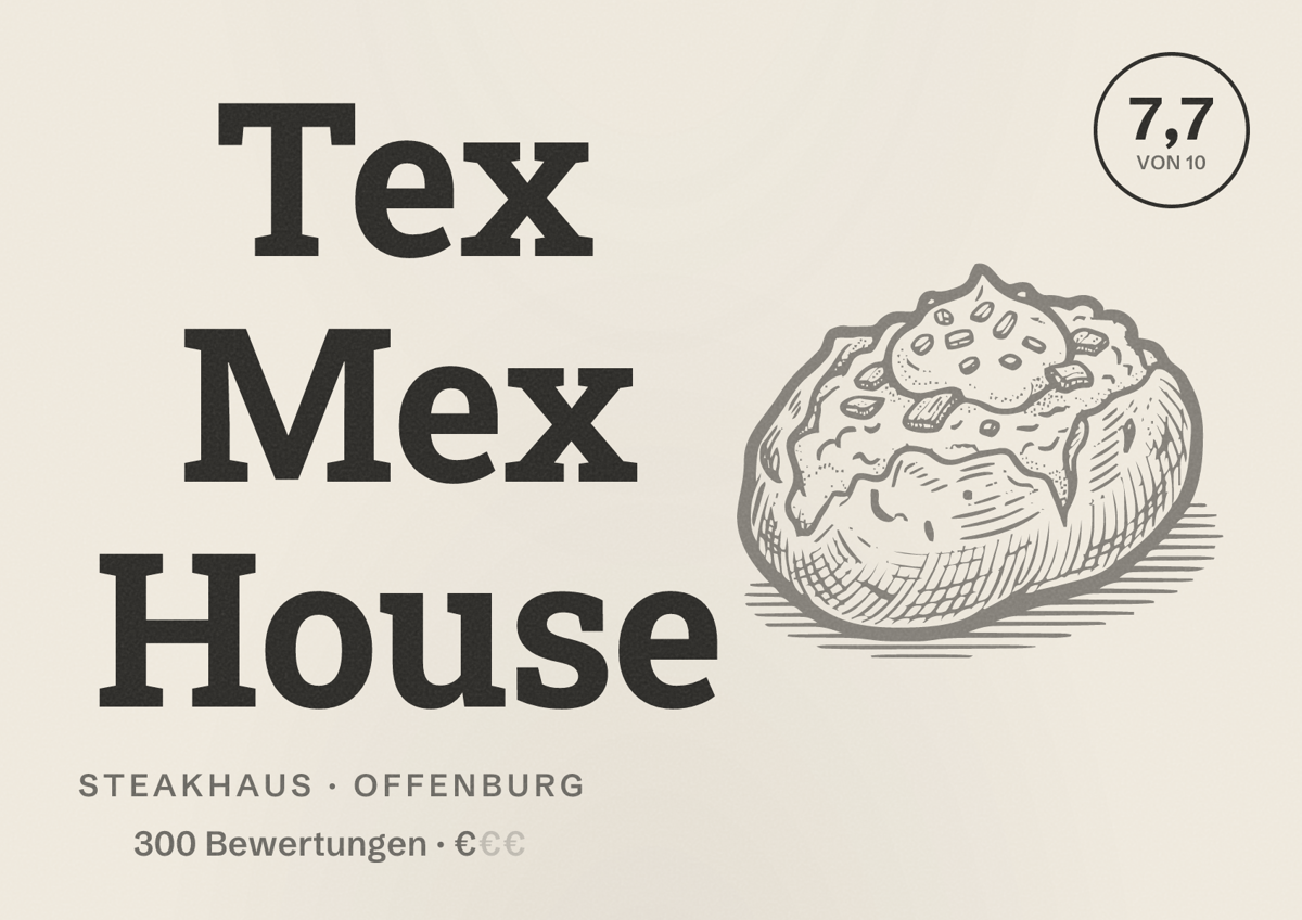 Illustriertes Poster von Tex Mex House, Steakhaus in Offenburg: Bewertung 7,7 von 10 aus 300 Bewertungen, Preisniveau €