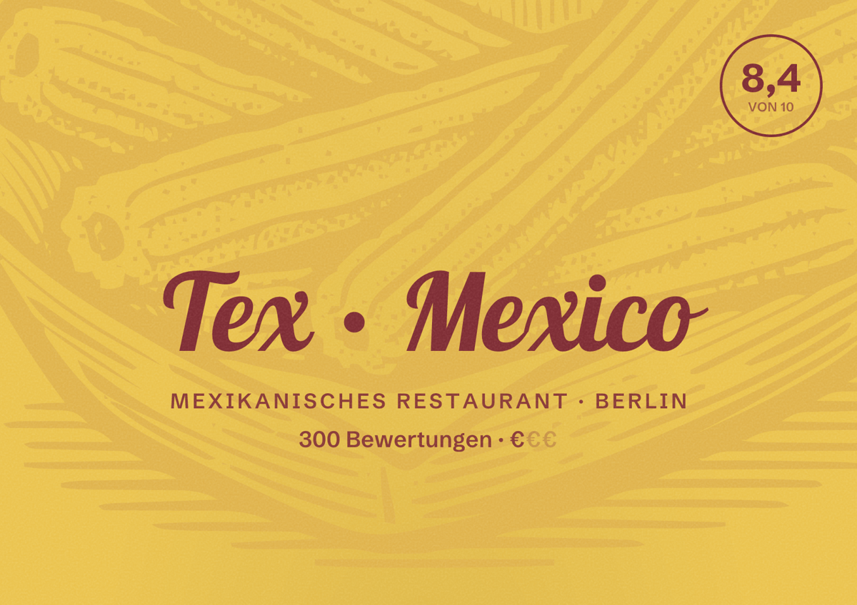 Illustriertes Poster von Tex Mexico, Mexikanisches Restaurant in Berlin: Bewertung 8,4 von 10 aus 300 Bewertungen, Preisniveau €