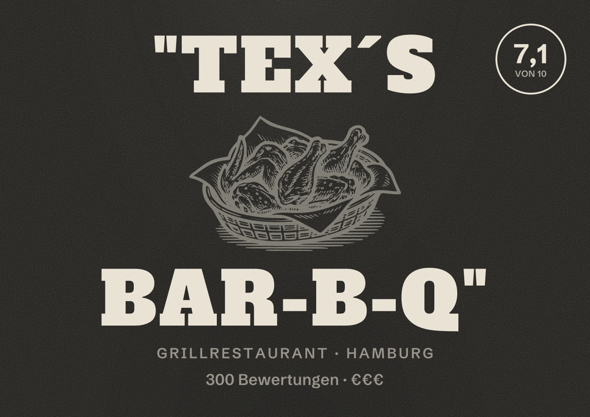 Illustriertes Poster von "TEX´S BAR-B-Q", Grillrestaurant in Hamburg: Bewertung 7,1 von 10 aus 300 Bewertungen, Preisniveau €€€