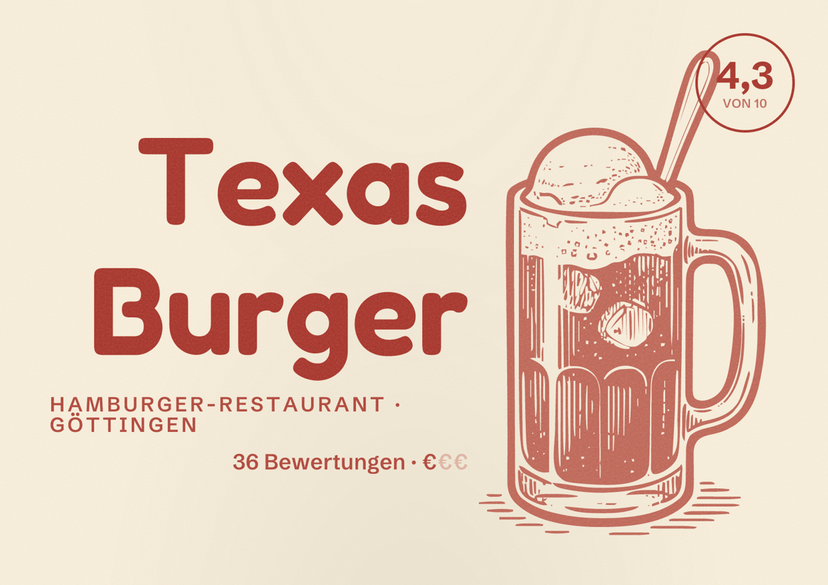 Illustriertes Poster von Texas Burger, Hamburger-Restaurant in Göttingen: Bewertung 4,3 von 10 aus 36 Bewertungen, Preisniveau €