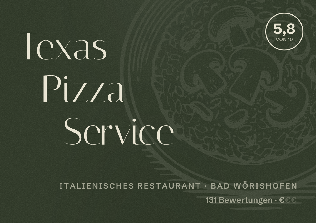 Illustriertes Poster von Texas Pizza Service, Italienisches Restaurant in Bad Wörishofen: Bewertung 5,8 von 10 aus 131 Bewertungen, Preisniveau €