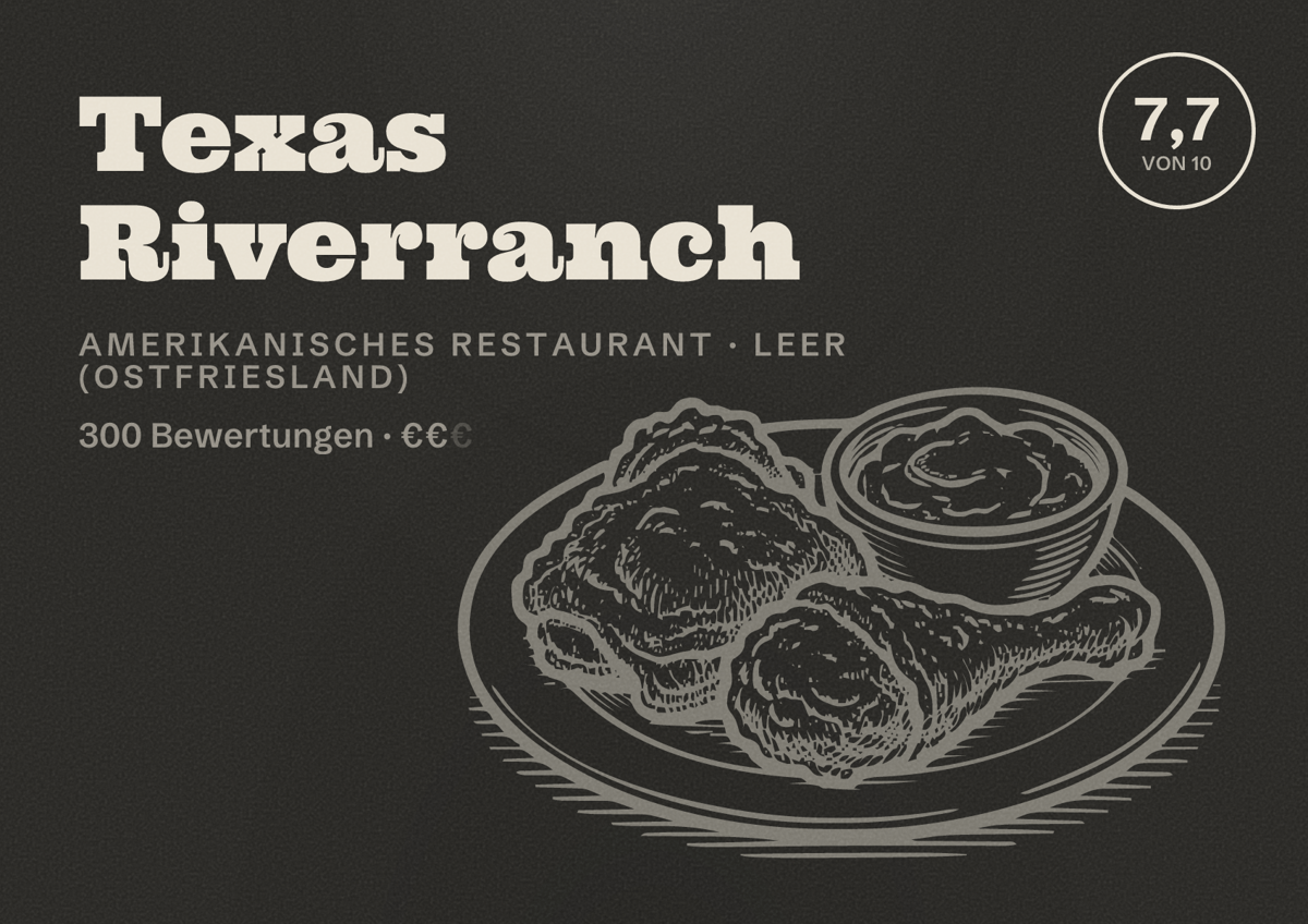 Illustriertes Poster von Texas Riverranch, Amerikanisches Restaurant in Leer (Ostfriesland): Bewertung 7,7 von 10 aus 300 Bewertungen, Preisniveau €€