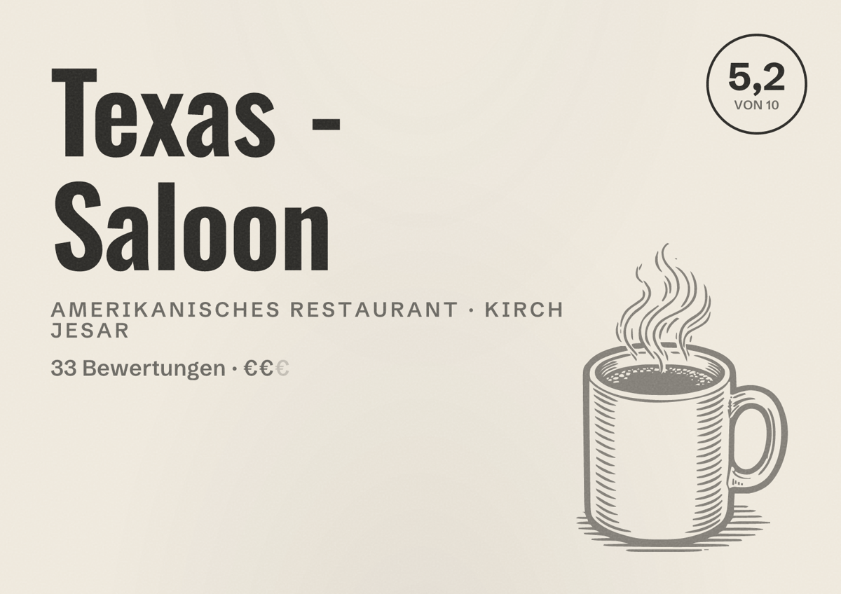 Illustriertes Poster von Texas - Saloon, Amerikanisches Restaurant in Kirch Jesar: Bewertung 5,2 von 10 aus 33 Bewertungen, Preisniveau €€