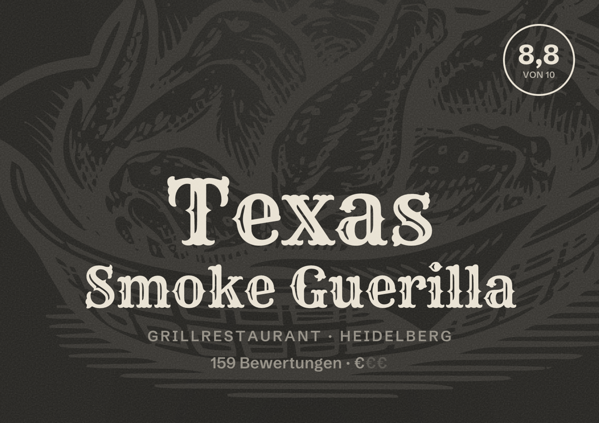 Illustriertes Poster von Texas Smoke Guerilla, Grillrestaurant in Heidelberg: Bewertung 8,8 von 10 aus 159 Bewertungen, Preisniveau €