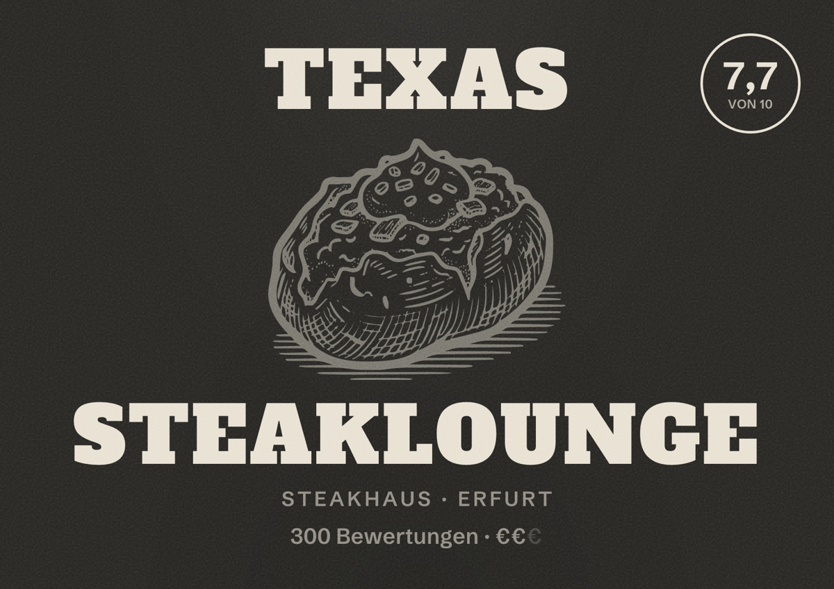 Illustriertes Poster von Texas Steaklounge, Steakhaus in Erfurt: Bewertung 7,7 von 10 aus 300 Bewertungen, Preisniveau €€