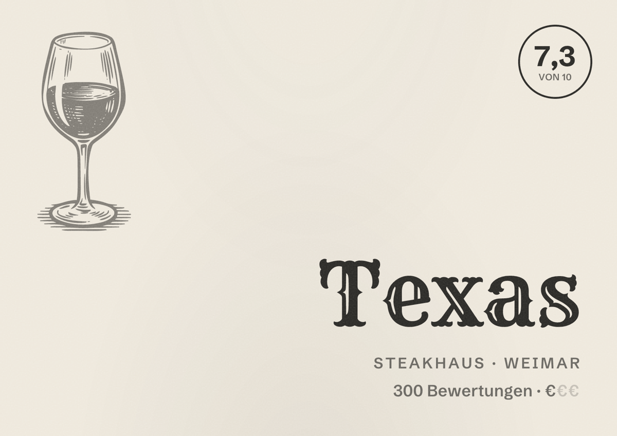 Illustriertes Poster von Texas, Steakhaus in Weimar: Bewertung 7,3 von 10 aus 300 Bewertungen, Preisniveau €