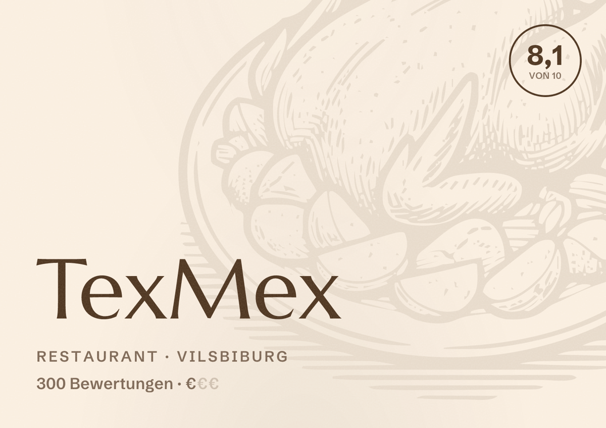 Illustriertes Poster von TexMex, Restaurant in Vilsbiburg: Bewertung 8,1 von 10 aus 300 Bewertungen, Preisniveau €