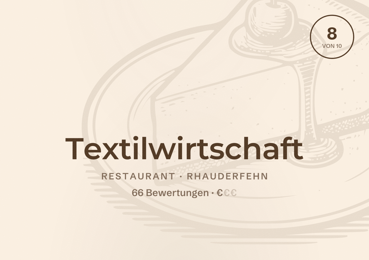 Illustriertes Poster von Textilwirtschaft, Restaurant in Rhauderfehn: Bewertung 8 von 10 aus 66 Bewertungen, Preisniveau €